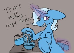 Size: 724x526 | Tagged: safe, artist:reddthebat, imported from derpibooru, trixie, pony, unicorn, cooking, crystal meth, drugs, euphemism, glowing, glowing horn, grin, horn, levitation, magic, nervous, nervous grin, smiling, solo, telekinesis