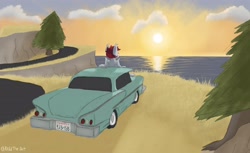 Size: 3564x2178 | Tagged: safe, artist:reddthebat, imported from derpibooru, oc, oc only, oc:reddthebat, bat pony, pony, car, chevrolet impala, classic car, cliff, high res, ocean, road, solo, sunset