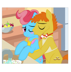 Size: 5000x5100 | Tagged: safe, artist:amgiwolf, imported from derpibooru, carrot cake, cup cake, earth pony, pony, apron, base used, canon couple, clothes, female, housewife, hug, hug from behind, husband and wife, kitchen, male, married couple, shipping