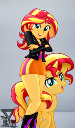 Size: 1100x1867 | Tagged: safe, artist:theretroart88, imported from derpibooru, sunset shimmer, pony, unicorn, equestria girls, breasts, cleavage, clothes, cute, duo, female, human ponidox, jacket, leather jacket, legs, looking at you, open mouth, open smile, self ponidox, shimmerbetes, smiling, solo, sunset shimmer day