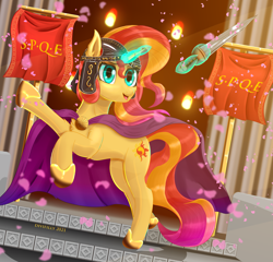 Size: 3000x2879 | Tagged: safe, alternate version, artist:divifilly, imported from derpibooru, sunset shimmer, pony, unicorn, banner, brooch, cape, clasp, cloak, clothes, female, gladius, glowing, glowing horn, helmet, high res, horn, jewelry, magic, magic aura, mare, open mouth, open smile, smiling, solo, sword, telekinesis, weapon