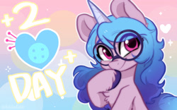 Size: 1920x1200 | Tagged: safe, artist:oofycolorful, imported from derpibooru, part of a set, izzy moonbow, pony, unicorn, 2, bust, chest fluff, countdown, cute, cutie mark, female, g5, glasses, heart, hoof on chin, izzybetes, looking at you, mare, round glasses, smiling, solo