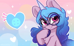 Size: 1920x1200 | Tagged: safe, alternate version, artist:oofycolorful, imported from derpibooru, izzy moonbow, pony, unicorn, bust, chest fluff, cute, cutie mark, female, g5, glasses, heart, hoof on chin, izzybetes, looking at you, mare, round glasses, smiling, solo