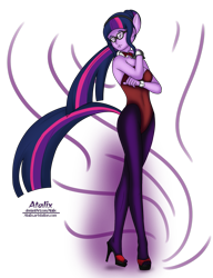 Size: 985x1280 | Tagged: safe, artist:atalix, imported from derpibooru, sci-twi, twilight sparkle, equestria girls, bowtie, bunny suit, clothes, cuffs (clothes), fake ears, fake tail, headband, legs, leotard, outfit, pantyhose, playboy bunny, pony ears, solo