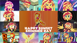 Size: 4331x2438 | Tagged: safe, edit, edited screencap, editor:quoterific, imported from derpibooru, screencap, fluttershy, sunset shimmer, pony, unicorn, eqg summertime shorts, equestria girls, equestria girls series, forgotten friendship, friendship games, game stream, how to backstage, i'm on a yacht, mirror magic, my past is not today, spring breakdown, the last drop, spoiler:eqg series (season 2), spoiler:eqg specials, apron, art, art class, belly button, bikini, clothes, flower, guitar, musical instrument, open mouth, paint, paintbrush, painting, phone, ponied up, ponified, purse, sarong, solo, sunflower, sunset shimmer day, sunset the science gal, swimsuit, tell me what you need, the last drop: sunset shimmer