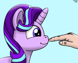 Size: 2048x1659 | Tagged: safe, artist:darkyboode32, derpibooru exclusive, imported from derpibooru, starlight glimmer, human, pony, unicorn, blue background, boop, cute, duo, female, finger, glimmerbetes, hand, mare, offscreen character, offscreen human, simple background, smiling