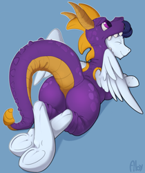Size: 2828x3364 | Tagged: safe, alternate version, artist:ailoy4, imported from derpibooru, soarin', pegasus, pony, clothes, costume, eyes closed, frog (hoof), high res, kigurumi, lying down, male, onesie, raised tail, simple background, smiling, solo, spyro the dragon, stallion, tail, underhoof