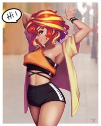 Size: 803x1000 | Tagged: safe, artist:the-park, imported from ponybooru, sunset shimmer, human, belly button, breasts, clothes, dialogue, female, humanized, lidded eyes, looking at you, shirt, shorts, smiling, solo, speech bubble, sports bra, sports shorts