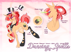 Size: 2986x2200 | Tagged: safe, artist:punkysqueeky, imported from derpibooru, oc, oc:dancingspells, pony, unicorn, clothes, female, hat, looking at you, magic, mare, reference sheet, smiling, smiling at you, socks, tongue out