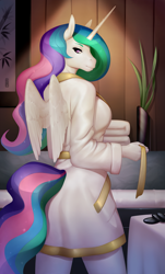 Size: 1838x3038 | Tagged: safe, artist:carat, imported from ponybooru, princess celestia, alicorn, anthro, bathrobe, breasts, busty princess celestia, clothes, female, looking at you, looking back, looking back at you, looking over shoulder, mare, robe, smiling, smiling at you, solo, towel, undressing