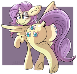 Size: 935x895 | Tagged: safe, artist:malachimoet, imported from derpibooru, fluttershy, rarity, oc, oc:charitable nature, pegasus, pony, unicorn, butt, commissioner:bigonionbean, cutie mark, eyeshadow, female, flank, fusion, fusion:charitable nature, makeup, mare, not an alicorn, plot, writer:bigonionbean