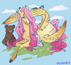 Size: 1280x1184 | Tagged: safe, artist:silenceartist, artist:triscuit-cafe, imported from derpibooru, fluttershy, bear, bird, pegasus, pony, rabbit, animal, cloud, cloven hooves, colored eartips, colored hooves, colored wings, colored wingtips, female, flower, flower in hair, flower in tail, grass, hair over one eye, head turned, lidded eyes, looking at someone, looking down, lying down, mare, one wing out, outdoors, prone, sitting on wing, smiling, solo, tail, unshorn fetlocks, wings