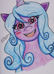 Size: 1280x1739 | Tagged: safe, artist:cosmiccutie01, imported from derpibooru, izzy moonbow, pony, unicorn, blushing, female, g5, solo, traditional art