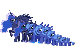 Size: 872x546 | Tagged: safe, artist:soft_angel, imported from derpibooru, princess luna, alicorn, pony, unicorn, age progression, baby, baby pony, closed mouth, crown, eyes open, female, filly, hoof shoes, horn, jewelry, looking at you, mare, open mouth, regalia, s1 luna, simple background, smiling, smiling at you, spread wings, standing up, swaddling, three quarter view, transparent background, ultimate luna, wings, woona, younger