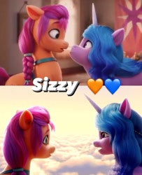 Size: 1080x1329 | Tagged: safe, artist:luigigamer25, edit, edited screencap, imported from derpibooru, screencap, izzy moonbow, sunny starscout, earth pony, pony, unicorn, spoiler:my little pony: a new generation, 3d, cloud, eye contact, female, g5, izzyscout, lesbian, looking at each other, mare, my little pony: a new generation, open mouth, shipping