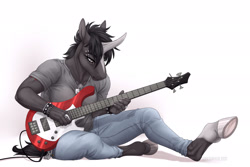 Size: 1920x1282 | Tagged: safe, artist:dementra369, imported from derpibooru, oc, oc only, oc:morgana stein, anthro, unguligrade anthro, unicorn, musical instrument, solo