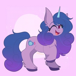 Size: 2000x2000 | Tagged: safe, artist:saveraedae, imported from derpibooru, part of a set, izzy moonbow, pony, unicorn, female, g5, high res, looking at you, mare, one eye closed, open mouth, open smile, raised hoof, smiling, smiling at you, solo, wink, winking at you