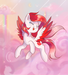 Size: 1000x1100 | Tagged: safe, artist:finlywhisk, artist:whiskyice, imported from derpibooru, oc, oc only, oc:making amends, pegasus, pony, colored wings, commission, eyes closed, flying, open mouth, open smile, smiling, solo, two toned wings, wings, ych result