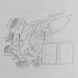 Size: 640x640 | Tagged: safe, artist:snowzaaah, imported from derpibooru, applejack, rainbow dash, earth pony, pegasus, pony, appledash, appledashdailydoodles, doodle, female, lesbian, monochrome, pencil drawing, shipping, sketch, traditional art