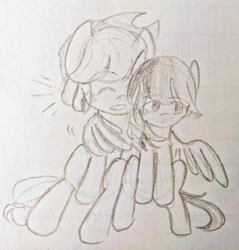 Size: 561x588 | Tagged: safe, artist:snowzaaah, imported from derpibooru, applejack, rainbow dash, earth pony, pegasus, pony, appledash, appledashdailydoodles, doodle, female, lesbian, monochrome, pencil drawing, shipping, sketch, traditional art