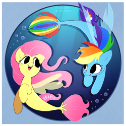 Size: 2330x2330 | Tagged: safe, artist:syrupyyy, imported from derpibooru, fluttershy, rainbow dash, pegasus, seapony (g4), my little pony: the movie, blue background, bubble, crepuscular rays, cute, dashabetes, dorsal fin, duo, female, fin wings, fins, fish tail, flowing mane, flowing tail, high res, looking at each other, mare, open mouth, seaponified, seapony fluttershy, seapony rainbow dash, shyabetes, simple background, smiling, species swap, swimming, tail, underwater, water, water bubble, watershy, wings