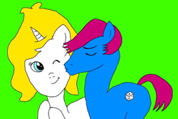 Size: 710x474 | Tagged: safe, artist:galeemcrusher, imported from derpibooru, oc, oc only, oc:white heart, earth pony, pony, unicorn, digital art, eyes closed, female, kissing, male, oc x oc, shipping, straight