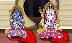 Size: 1280x772 | Tagged: safe, artist:lynnthenerdkitty, imported from derpibooru, princess celestia, princess luna, alicorn, pony, clothes, coronation, crown, dress, jewelry, pink-mane celestia, regalia, royal sisters, s1 luna, scepter, siblings, sisters