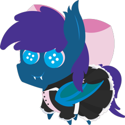 Size: 5758x5754 | Tagged: safe, artist:tikibat, derpibooru exclusive, imported from derpibooru, oc, oc only, oc:stardust, oc:stardust(cosmiceclipse), bat pony, pony, bat pony oc, bat wings, button eyes, clothes, dress, ear fluff, eyeshadow, fangs, maid, makeup, male, membranous wings, plushy ponies, simple background, socks, solo, stallion, striped socks, transparent background, wings