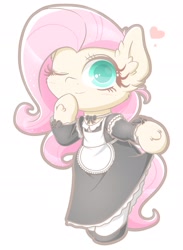 Size: 1406x1920 | Tagged: safe, artist:phoenixrk49, imported from derpibooru, fluttershy, pegasus, pony, bipedal, blushing, clothes, cute, daaaaaaaaaaaw, ear fluff, female, floating heart, fluttermaid, heart, hoof fluff, looking at you, maid, mare, one eye closed, shyabetes, smiling, solo, wink, winking at you