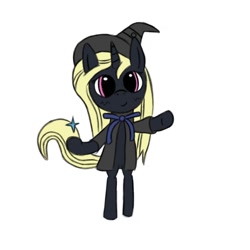 Size: 1000x1000 | Tagged: safe, artist:symphonydawn3, imported from derpibooru, oc, oc only, oc:rationale darkness, semi-anthro, unicorn, bipedal, clothes, dilated pupils, female, hat, horn, looking at you, mare, robe, simple background, smiling, smiling at you, solo, standing, standing on two hooves, unicorn oc, white background, witch, witch hat