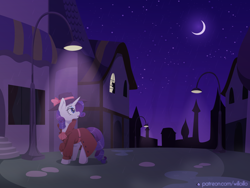 Size: 1600x1200 | Tagged: safe, artist:willoillo, imported from derpibooru, rarity, pony, unicorn, crescent moon, detective rarity, female, mare, moon, night, rain, silhouette, solo focus, streetlight