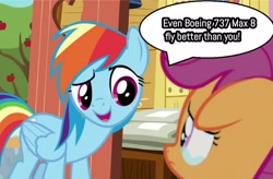 Size: 2948x1928 | Tagged: safe, edit, edited screencap, imported from derpibooru, screencap, rainbow dash, scootaloo, pegasus, pony, the last crusade, boeing 737, brutal honesty, clubhouse, crusaders clubhouse, crying, dialogue, female, filly, floppy ears, folded wings, mare, op is a duck, open mouth, out of character, rainbow douche, sad, speech bubble, wings