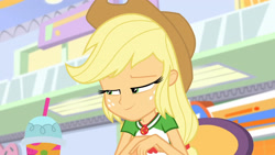 Size: 3410x1920 | Tagged: safe, imported from derpibooru, screencap, applejack, equestria girls, equestria girls series, rollercoaster of friendship, applejack's hat, clothes, cowboy hat, cutie mark, cutie mark on clothes, female, geode of super strength, hat, high res, jewelry, lidded eyes, magical geodes, necklace, smiling, solo