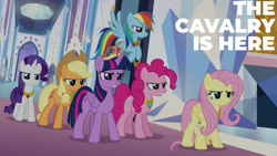 Size: 1280x720 | Tagged: safe, edit, edited screencap, editor:quoterific, imported from derpibooru, screencap, applejack, fluttershy, pinkie pie, rainbow dash, rarity, twilight sparkle, alicorn, earth pony, pegasus, pony, unicorn, season 9, the beginning of the end, applejack's hat, cowboy hat, element of generosity, element of honesty, element of kindness, element of laughter, element of loyalty, element of magic, elements of harmony, female, flying, hat, mane six, mare, twilight sparkle (alicorn)