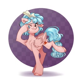 Size: 1024x1024 | Tagged: safe, artist:silverfir111, imported from derpibooru, cozy glow, pegasus, pony, bow, cozybetes, cute, female, filly, freckles, hair bow, older, older cozy glow, one eye closed, raised leg, smiling, solo, unshorn fetlocks