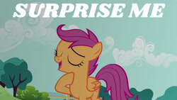 Size: 1280x720 | Tagged: safe, edit, edited screencap, editor:quoterific, imported from derpibooru, screencap, scootaloo, pegasus, pony, season 5, the one where pinkie pie knows, eyes closed, female, filly, open mouth, solo