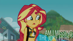 Size: 1280x720 | Tagged: safe, edit, edited screencap, editor:quoterific, imported from derpibooru, screencap, sunset shimmer, equestria girls, equestria girls series, forgotten friendship, bare shoulders, beach, belly button, bikini, clothes, cutie mark, cutie mark on clothes, female, geode of empathy, jewelry, magical geodes, necklace, open mouth, purse, sarong, sleeveless, solo, swimsuit