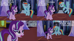 Size: 1280x720 | Tagged: safe, edit, edited screencap, editor:quoterific, imported from derpibooru, screencap, rainbow dash, starlight glimmer, pegasus, pony, unicorn, every little thing she does, season 6, female, flying, mare, open mouth, twilight's castle