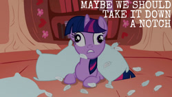 Size: 1280x720 | Tagged: safe, edit, edited screencap, editor:quoterific, imported from derpibooru, screencap, twilight sparkle, pony, unicorn, look before you sleep, season 1, cross-eyed, female, golden oaks library, mare, pillow, solo, unicorn twilight