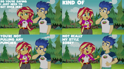 Size: 1280x720 | Tagged: safe, edit, edited screencap, editor:quoterific, imported from derpibooru, screencap, flash sentry, sunset shimmer, equestria girls, legend of everfree, camp everfree outfits, crossed arms, female, hand on hip, male, one eye closed, open mouth, smiling