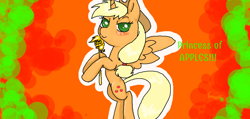 Size: 1006x477 | Tagged: safe, artist:161141, imported from derpibooru, applejack, alicorn, pony, alicornified, applecorn, applejack's hat, blushing, cowboy hat, female, hat, lidded eyes, looking at you, mare, race swap, rearing, scepter, smiling, solo, twilight scepter