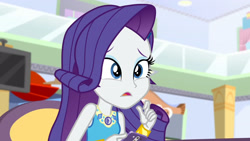 Size: 3410x1920 | Tagged: safe, imported from derpibooru, screencap, rarity, equestria girls, equestria girls series, rollercoaster of friendship, bracelet, cellphone, female, geode of shielding, high res, jewelry, magical geodes, open mouth, phone, rarity peplum dress, smartphone, solo