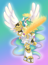 Size: 741x1000 | Tagged: safe, artist:akuoreo, imported from derpibooru, princess celestia, alicorn, anthro, armor, crossover, crown, cutie mark, empress, ethereal mane, ethereal tail, female, fire, flaming sword, flowing mane, flowing tail, god empress of ponykind, gradient background, halo, horn, jewelry, mare, multicolored mane, multicolored tail, power armor, powered exoskeleton, praise the sun, purple eyes, regalia, royalty, solo, sparkles, spread wings, sword, tiara, warhammer (game), warhammer 40k, warrior, warrior celestia, weapon, wings