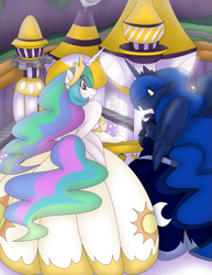 Size: 771x1000 | Tagged: safe, artist:akuoreo, imported from derpibooru, princess celestia, princess luna, alicorn, anthro, canterlot, clothes, dress, duo, female, future, gown, mare, royal sisters, science fiction, siblings, sisters, smiling