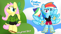 Size: 1280x720 | Tagged: safe, artist:erikschroth, imported from derpibooru, fluttershy, rainbow dash, anthro, pegasus, pony, semi-anthro, clothes, sandals