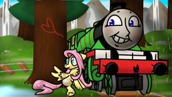 Size: 1024x576 | Tagged: safe, artist:erikschroth, imported from derpibooru, fluttershy, pegasus, pony, crossover, henry the green engine, railroad, thomas and friends, thomas the tank engine, train