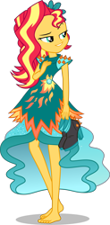 Size: 4750x9650 | Tagged: safe, artist:cencerberon, imported from derpibooru, sunset shimmer, equestria girls, legend of everfree, absurd resolution, alternate hairstyle, barefoot, clothes, crystal gala dress, dress, feet, female, holding shoes, legend of everfeet, shoes removed, simple background, smiling, solo, transparent background, vector