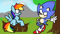 Size: 1280x720 | Tagged: safe, artist:erikschroth, imported from derpibooru, rainbow dash, anthro, hedgehog, pegasus, pony, crossover, sonic the hedgehog, sonic the hedgehog (series)