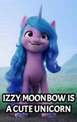 Size: 1076x1700 | Tagged: safe, edit, edited screencap, imported from derpibooru, screencap, izzy moonbow, pony, unicorn, 3d, captain obvious, cute, eyebrows, eyelashes, female, g5, horn, izzybetes, long mane, mare, my little pony: a new generation, open mouth, smiling, solo, teeth, text, truth