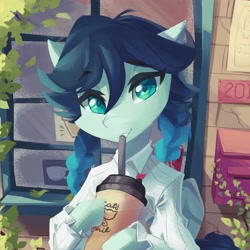 Size: 4096x4096 | Tagged: safe, artist:saxopi, imported from derpibooru, pegasus, pony, absurd resolution, clothes, colored pupils, complex background, drinking, drinking straw, drinking through a straw, ear fluff, eyebrows, eyebrows visible through hair, eyelashes, femboy, feminine stallion, genshin impact, green eyes, looking at you, male, pigtails, plastic cup, ponified, shirt, sitting, smiling, solo, stallion, teeth, trap, venti (genshin impact), white shirt